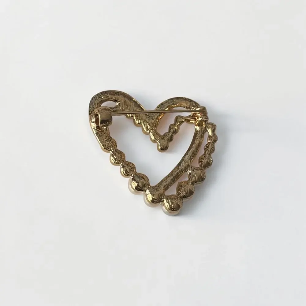 Gold Pearl & Rhinestone Heart Brooch